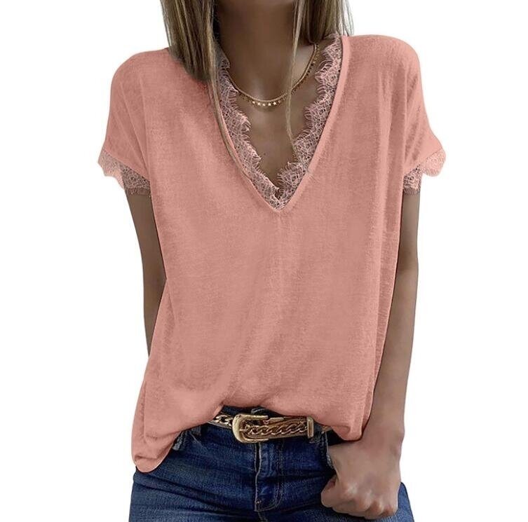 Short Sleeve Eyelash Lace Trim V Neck T shirt Blouse