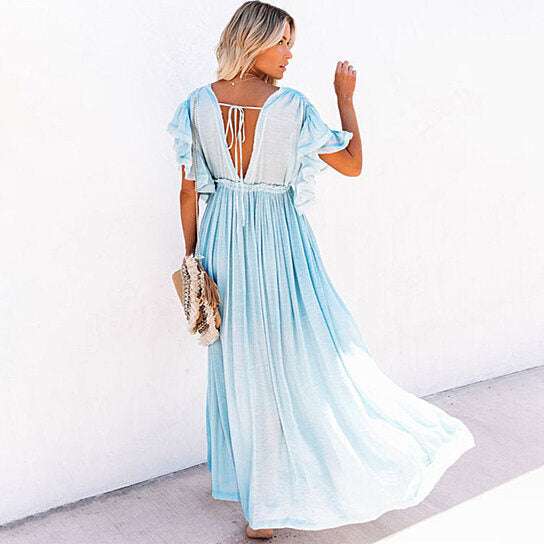 Flared Sleeve Button Beach Maxi Dress