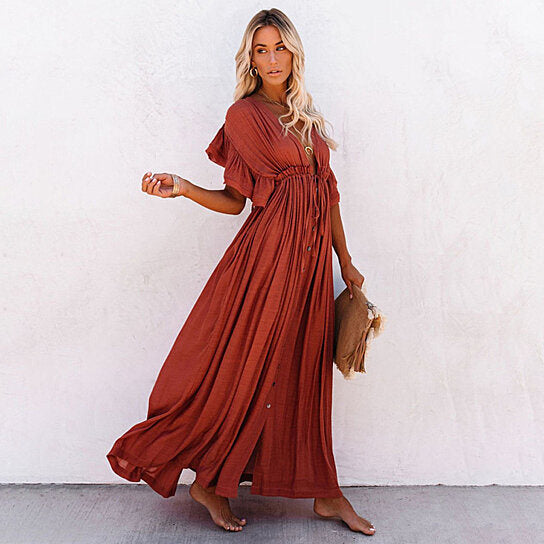 Flared Sleeve Button Beach Maxi Dress