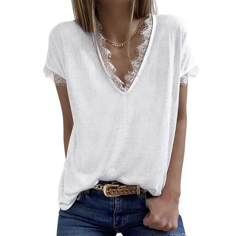 Short Sleeve Eyelash Lace Trim V Neck T shirt Blouse