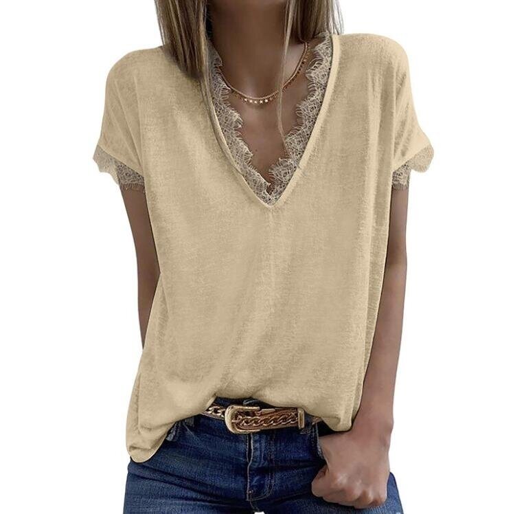 Short Sleeve Eyelash Lace Trim V Neck T shirt Blouse