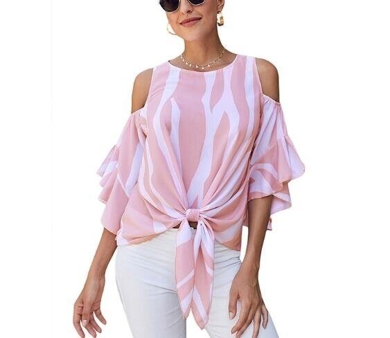 Striped Strapless Hem Knotted Shirt