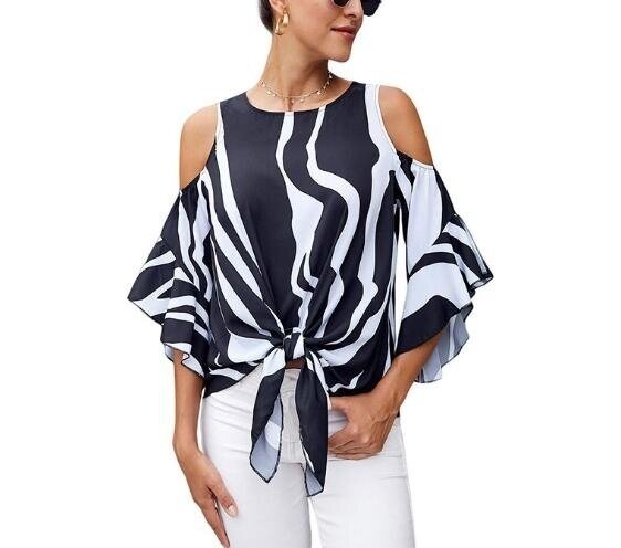 Striped Print Bell Sleeve Blouse Shirt