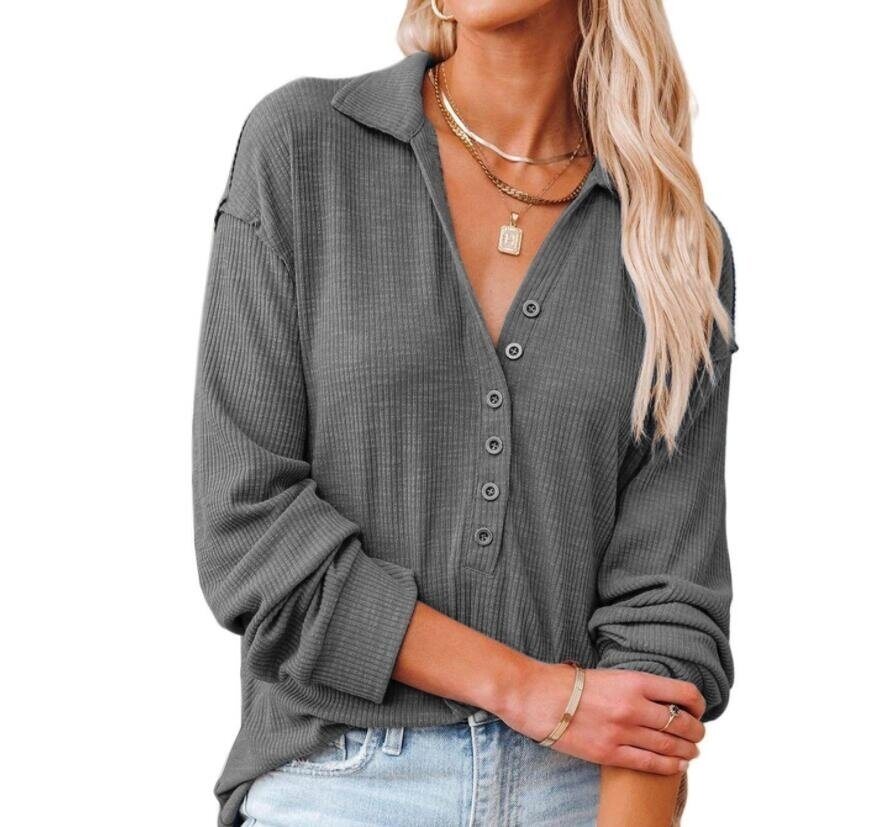 Lapel Button Long Sleeved Knitted Sweater