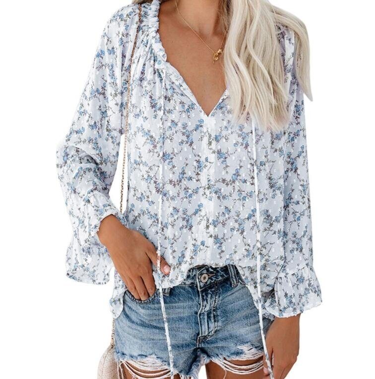 Boho Ruffled V-neck Flared Sleeve Shirt