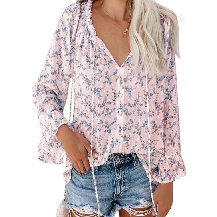 Boho Ruffled V-neck Flared Sleeve Shirt