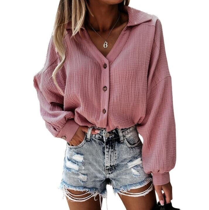 V-neck Button Lantern Sleeve Shirt