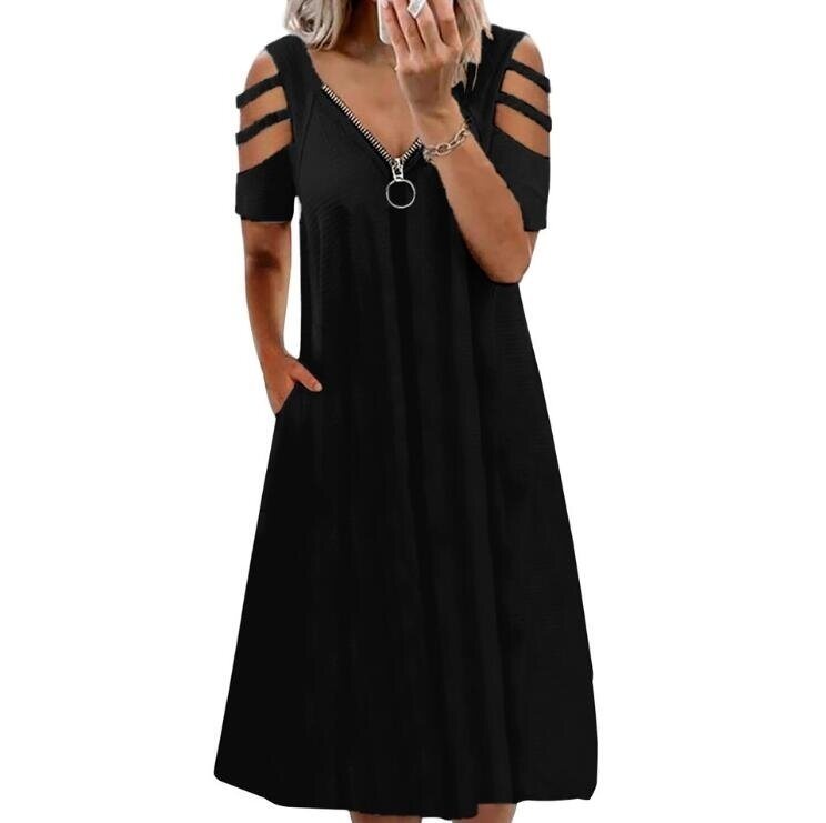 V-neck Zipper Short Sleeve Dress