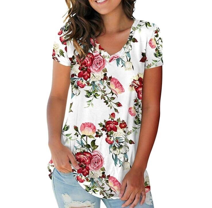 Floral Printed Short Sleeve V Neck T Shirt