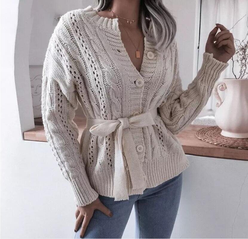 Twisted Button Lace Waist Knitted Cardigan