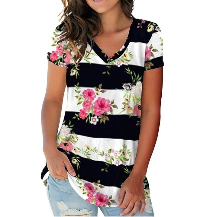 Floral Printed Short Sleeve V Neck T Shirt