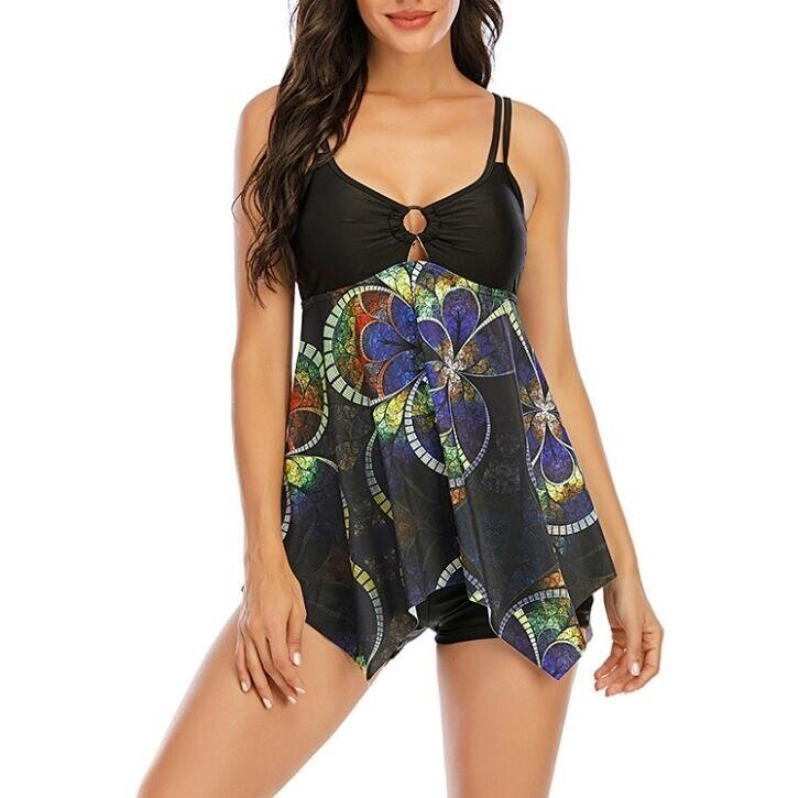 Flower Print Two Piece Swimdress Tankini Panty Bathing