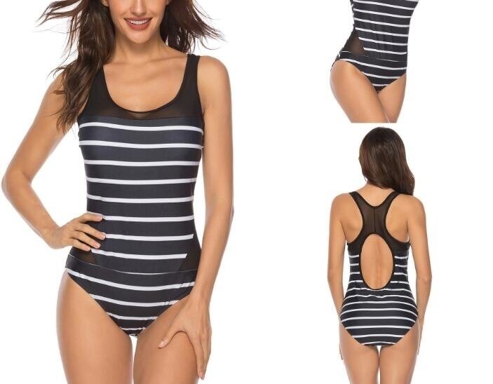 Women's Stripe Athletic One Piece Swimsuit Sport Swimwear