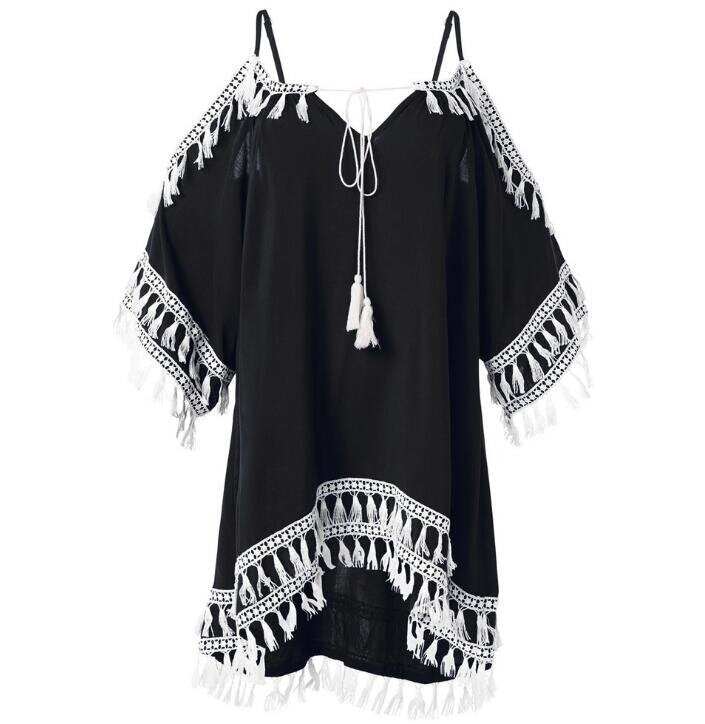 Women's Cold Shoulder Crochet Lace Sleeve Loose Beach Dress