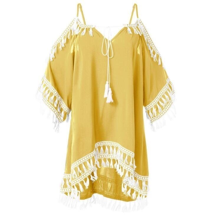 Women's Cold Shoulder Crochet Lace Sleeve Loose Beach Dress