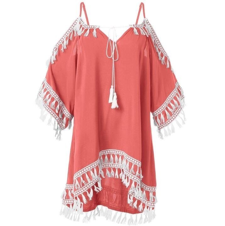 Women's Cold Shoulder Crochet Lace Sleeve Loose Beach Dress