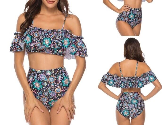 Women Two Piece Off Shoulder Ruffled Flounce Crop Bikini Top With Print Bottoms