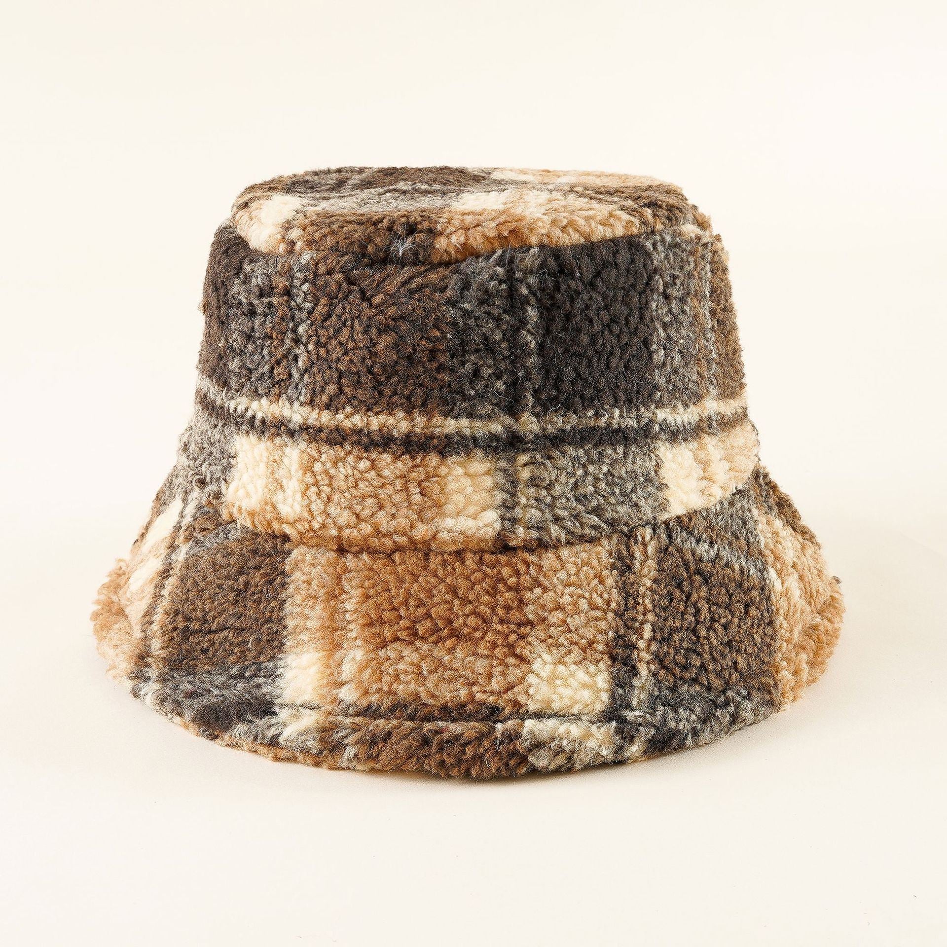 Lamb velvet fisherman hat plaid autumn and winter adult basin hat travel warm plush hat female trendy new