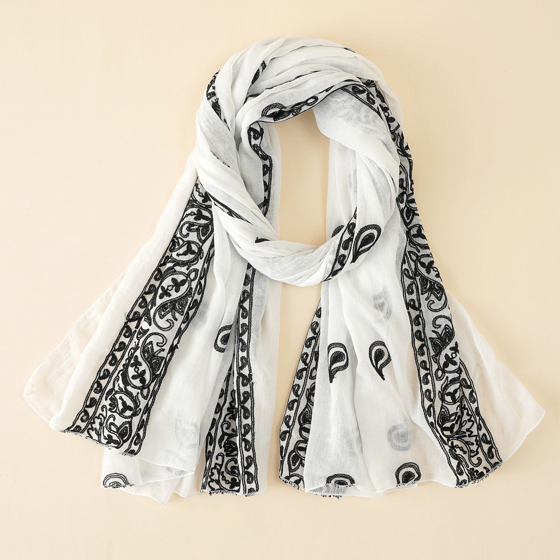 Ethnic style cotton and linen embroidered fashion scarf thin travel scarf sunscreen