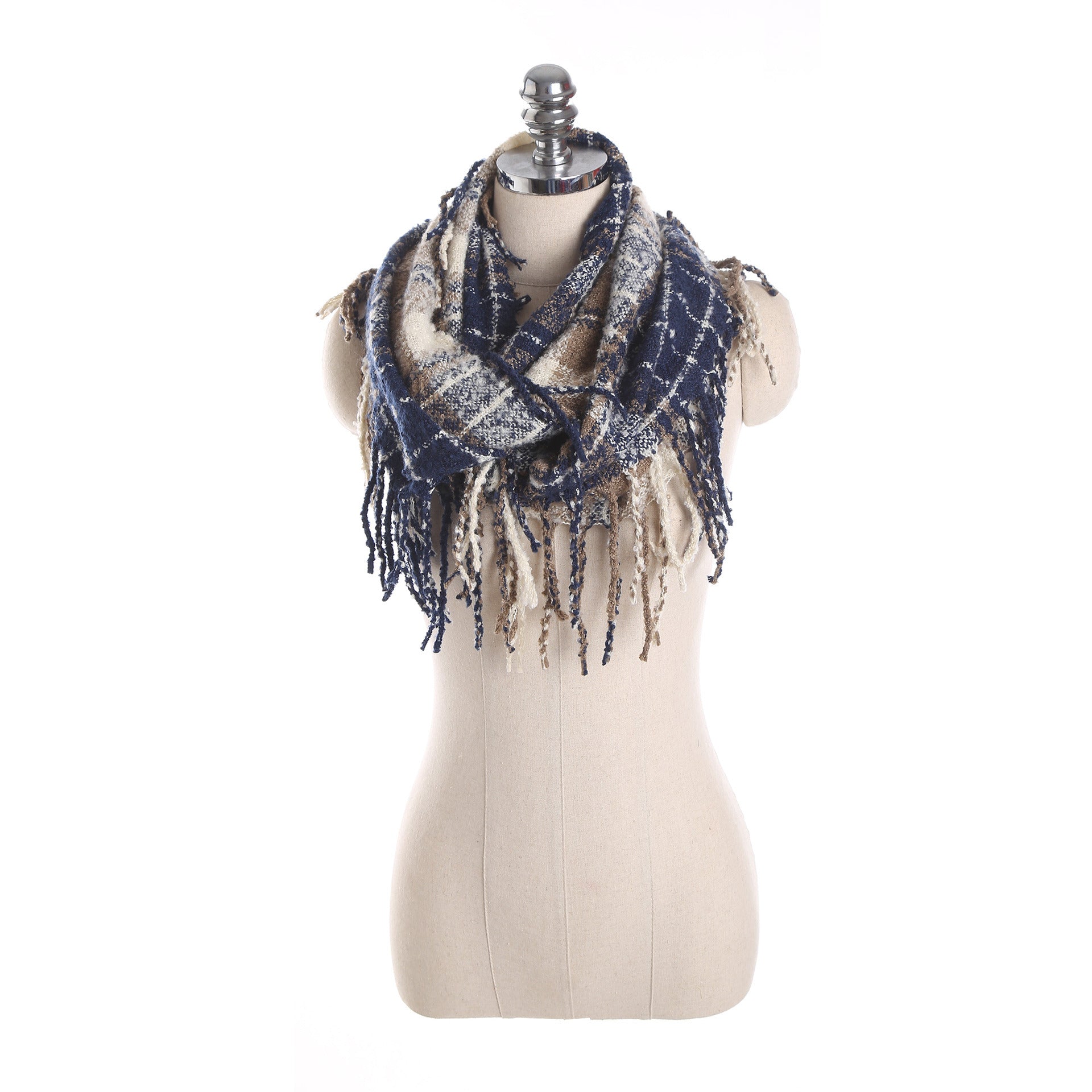 Autumn and winter scarf ladies plaid circle yarn tassel dual-use warm scarf