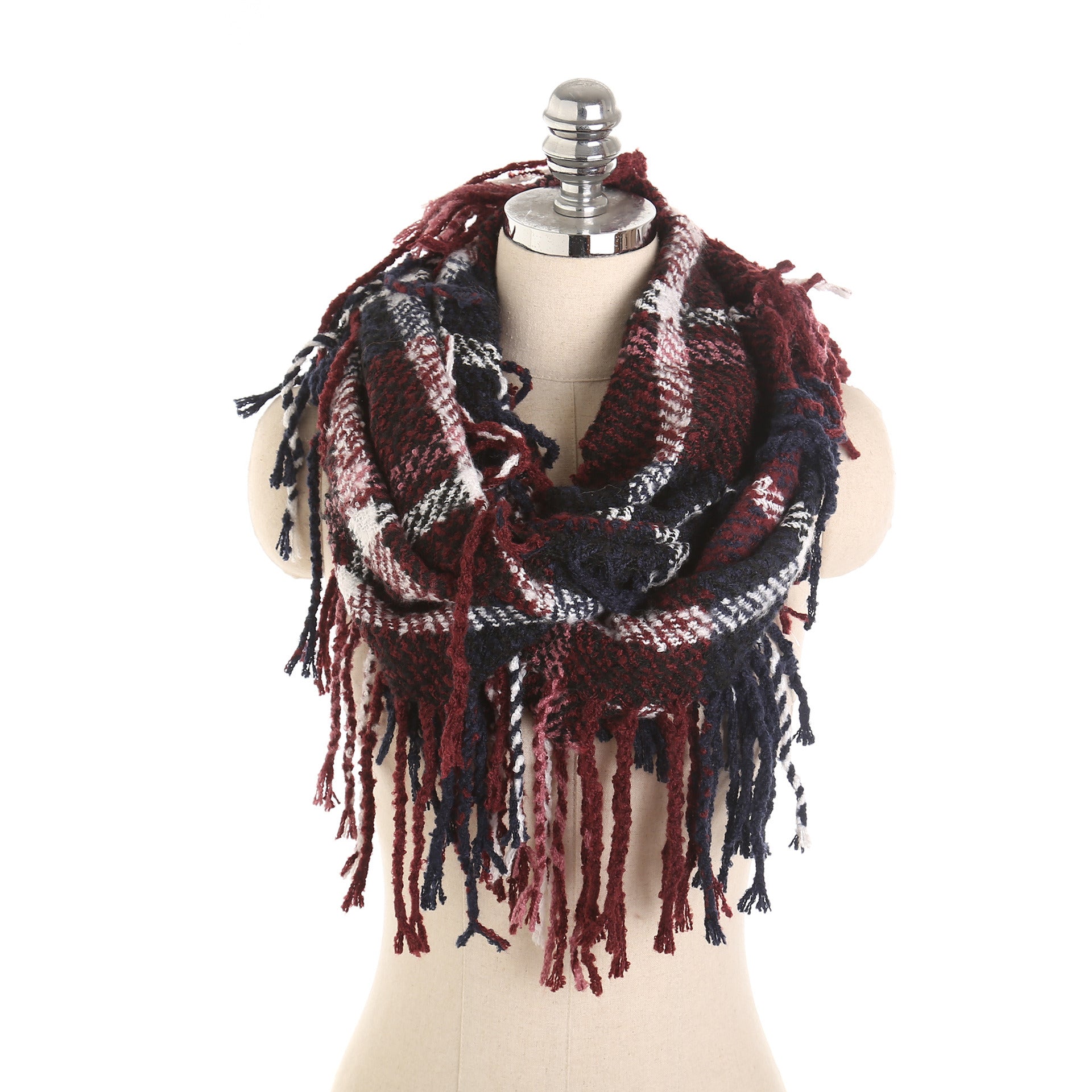 Autumn and winter scarf ladies plaid circle yarn tassel dual-use warm scarf