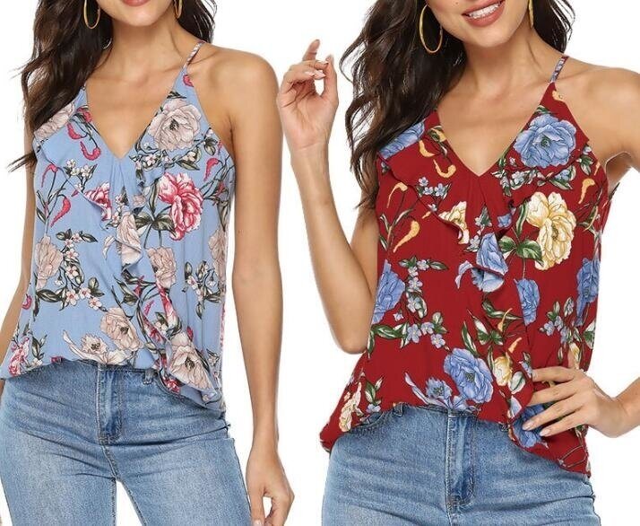 Women's Blouses V Neck Floral Print Summer Sleeveless Casual Tank Tops