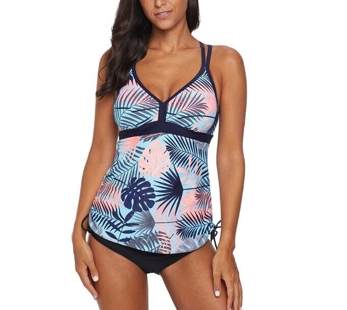 Women Tankini Swimsui 2 Piece V Neck Print Racerback Tankini Swimsuit with Boyshort Bottom