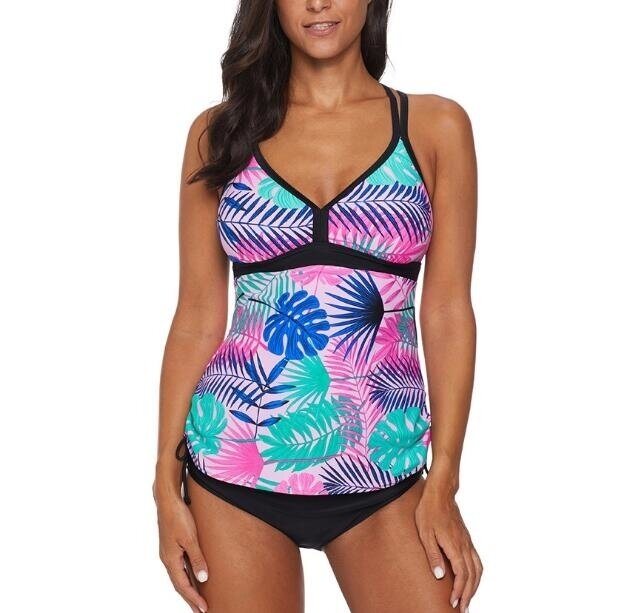 Women Tankini Swimsui 2 Piece V Neck Print Racerback Tankini Swimsuit with Boyshort Bottom