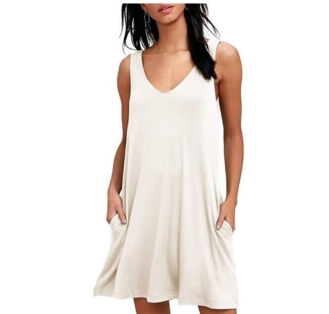 Women Casual T Shirt Dresses Beach Cover up Plain Pleated Tank Dress