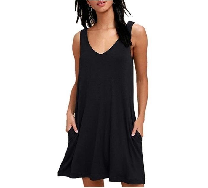 Women Casual T Shirt Dresses Beach Cover up Plain Pleated Tank Dress