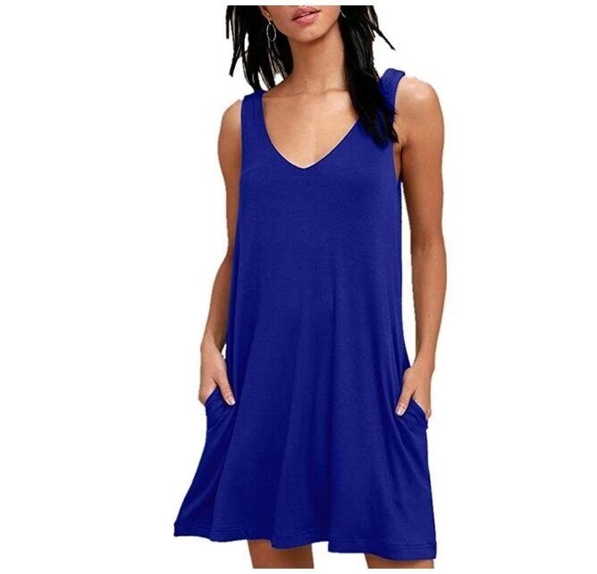 Women Casual T Shirt Dresses Beach Cover up Plain Pleated Tank Dress