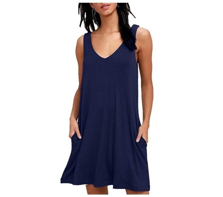 Women Casual T Shirt Dresses Beach Cover up Plain Pleated Tank Dress