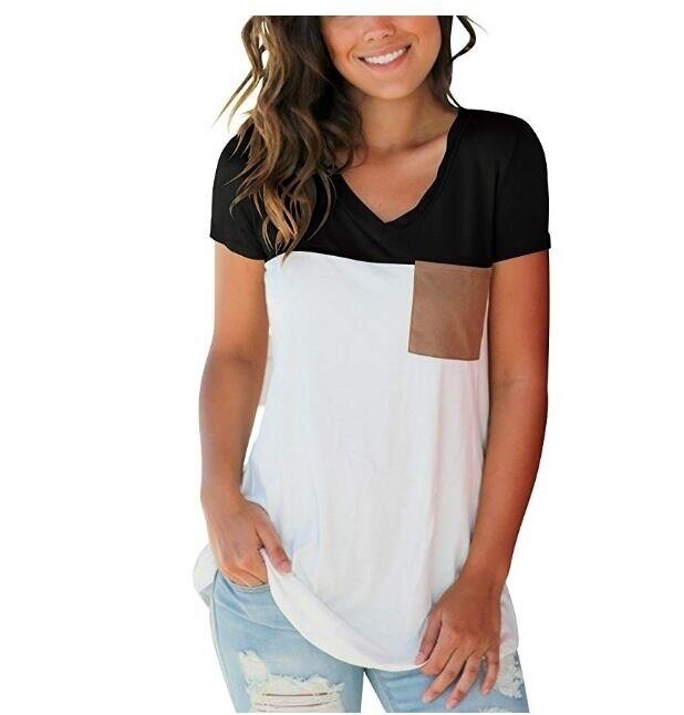 Women's Basic V Neck T Shirt with Suede Pocket S-XXL