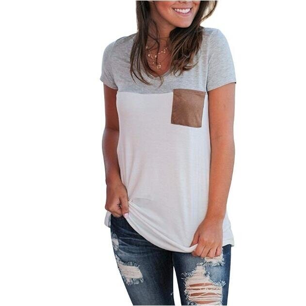 Women's Basic V Neck T Shirt with Suede Pocket S-XXL