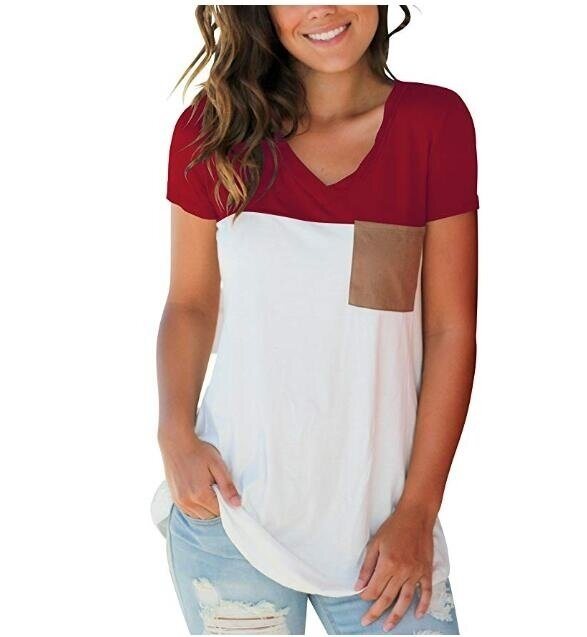 Women's Basic V Neck T Shirt with Suede Pocket S-XXL