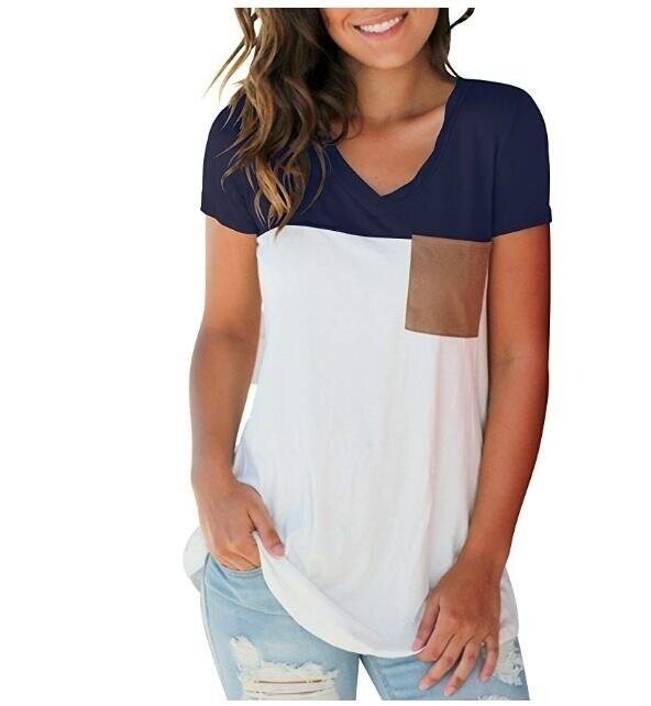 Women's Basic V Neck T Shirt with Suede Pocket S-XXL