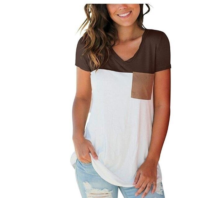 Women's Basic V Neck T Shirt with Suede Pocket S-XXL