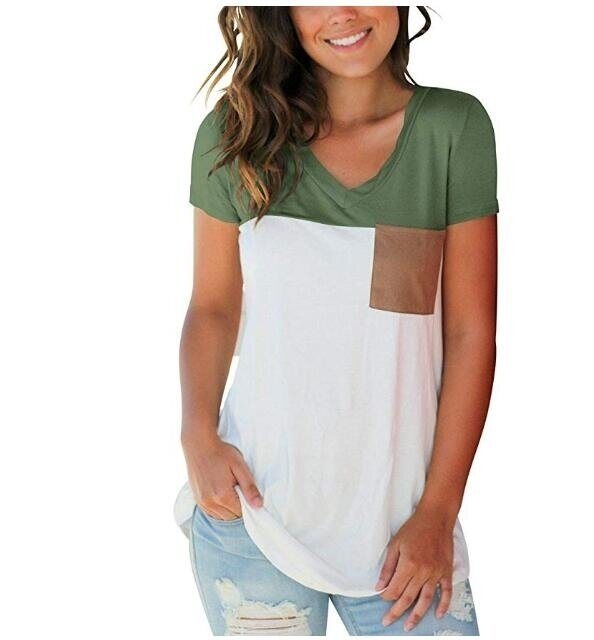 Women's Basic V Neck T Shirt with Suede Pocket S-XXL