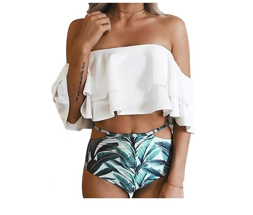 Women Two Piece Off Shoulder Ruffled Flounce Crop Bikini Top with Print Cut Out Bottoms