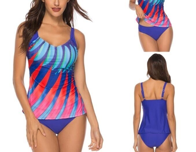 Women Color Stripe Tankini Top with Boyshorts Two Piece Swimsuit Set