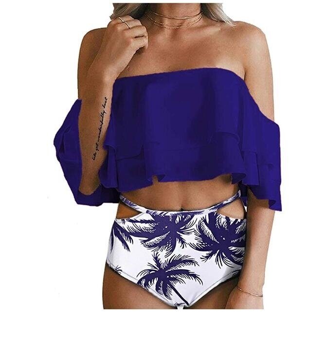 Women Two Piece Off Shoulder Ruffled Flounce Crop Bikini Top with Print Cut Out Bottoms