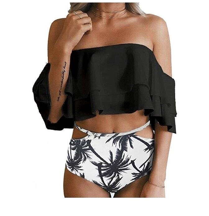 Women Two Piece Off Shoulder Ruffled Flounce Crop Bikini Top with Print Cut Out Bottoms