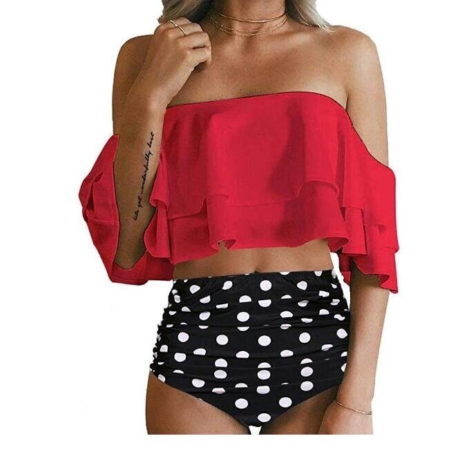 Women Two Piece Off Shoulder Ruffled Flounce Crop Bikini Top with Print Cut Out Bottoms