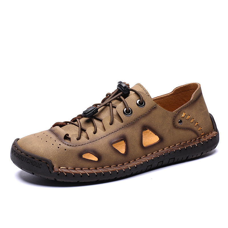 Summer Leather Sandals Men Plus Size Hollow Outdoor Sport Casual Beach Shoes Hand Stitched Elastic Band Vintage Color Breathable