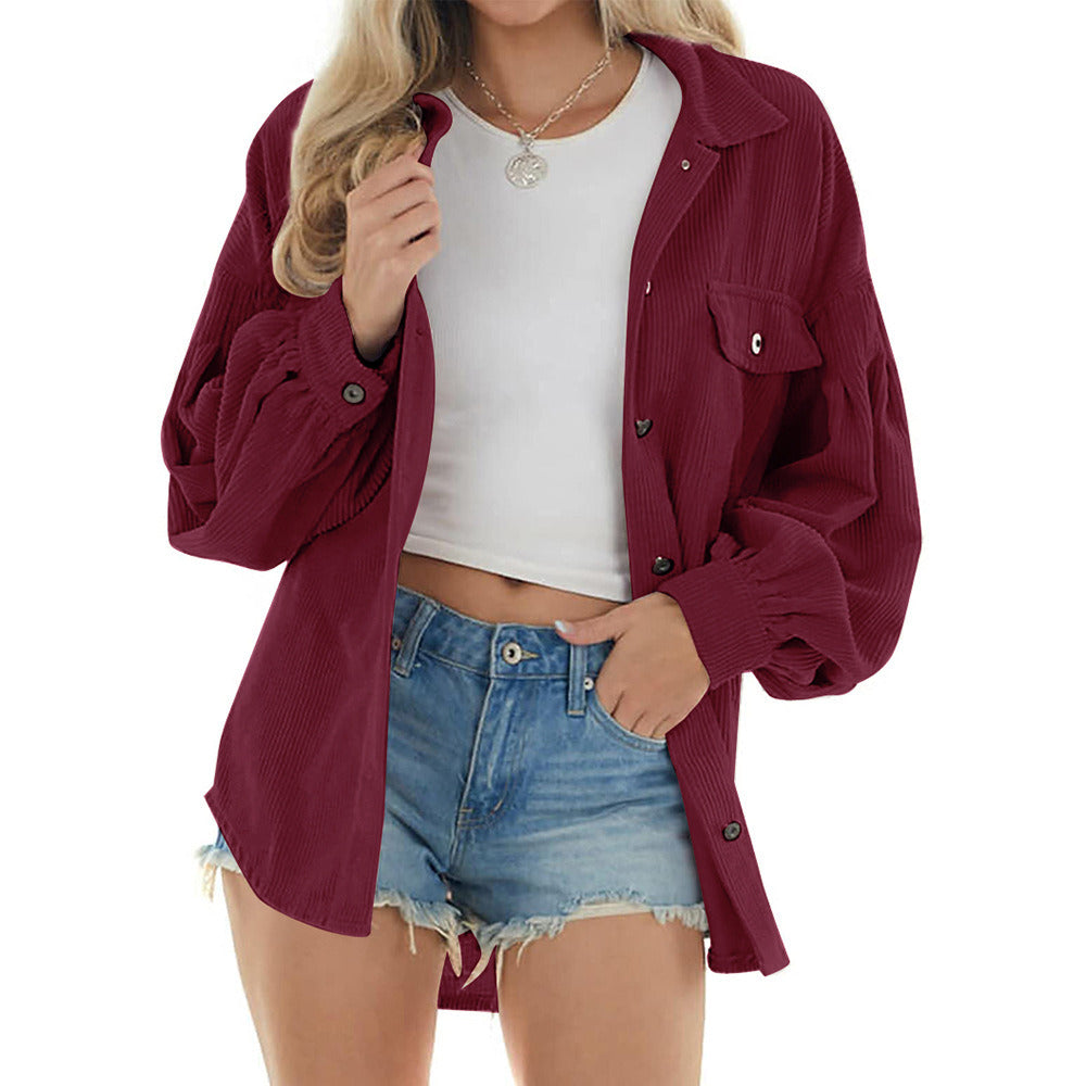 Spring Autumn Corduroy Shirt Thin Jacket Women Casual Loose Chest Pocket Lantern Drop Shoulder Sleeves Single-breasted Lapel Top