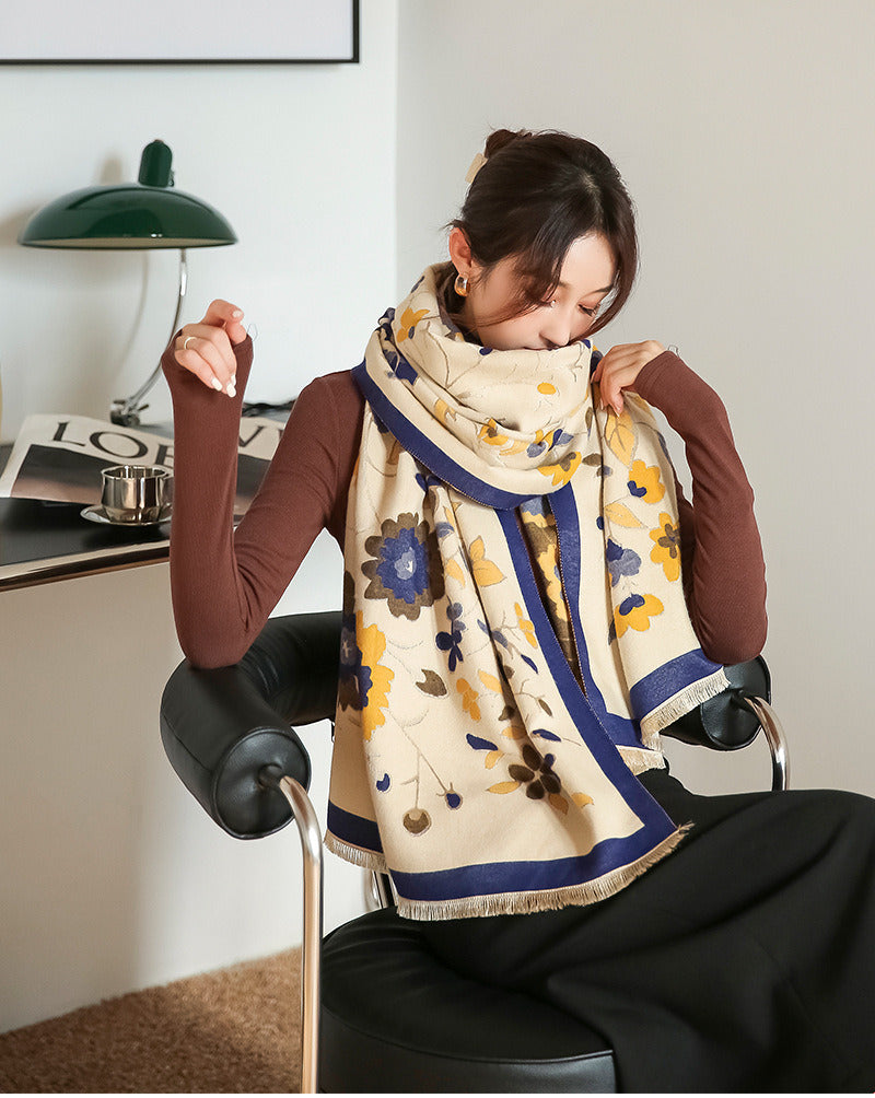 Literary Print Warm Scarf Female Korean Version Double-sided Imitation Cashmere Student Scarf Shawl