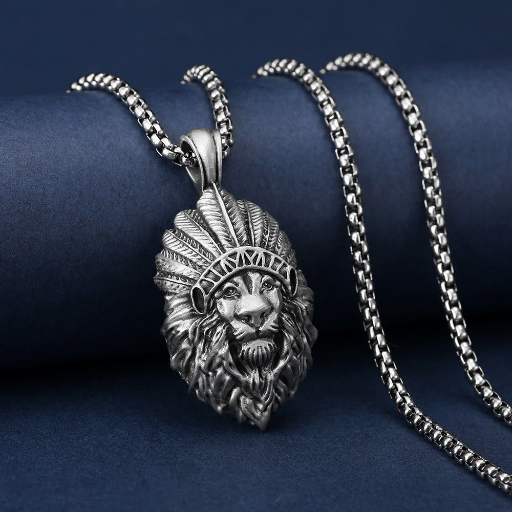 Men's personality domineering lion head pendant retro hip-hop titanium steel necklace niche punk jewelry