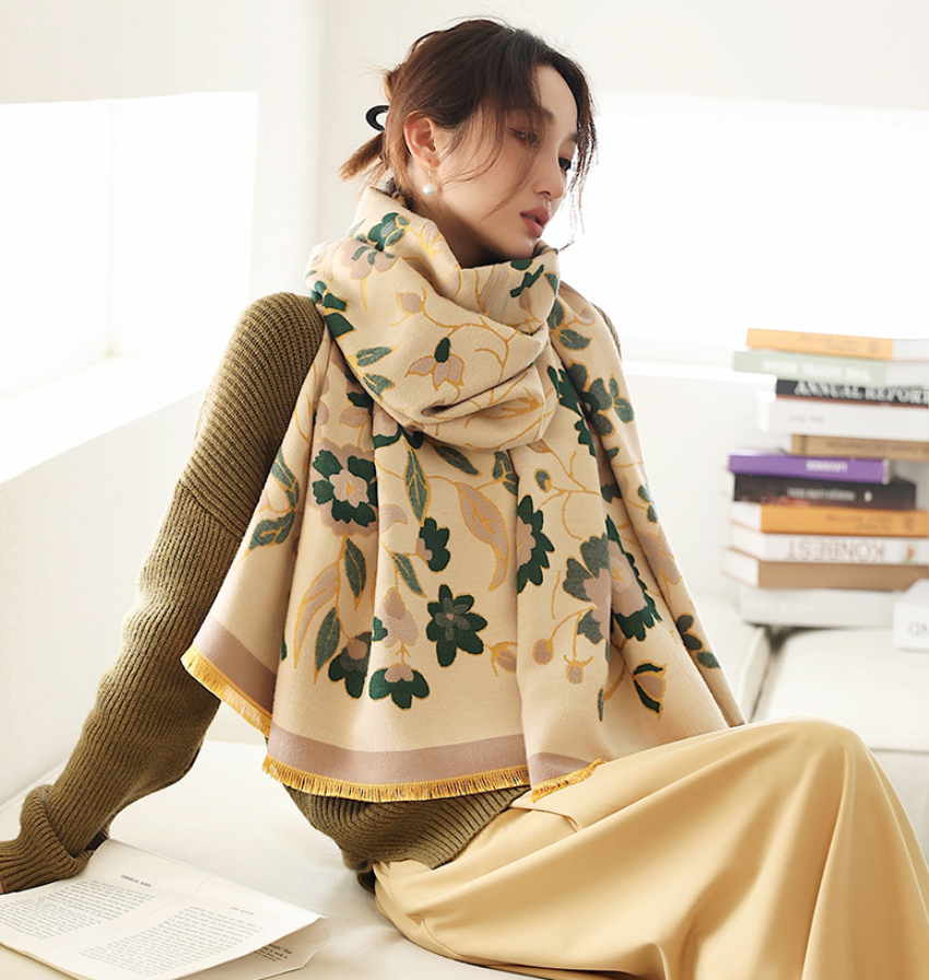 Literary Print Warm Scarf Female Korean Version Double-sided Imitation Cashmere Student Scarf Shawl