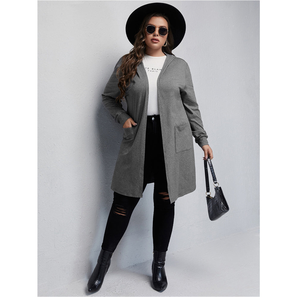 Spring Autumn 2022 Plus Size L-4XL Long Thin Hooded Cardigan Coat Women Fashion Front Pocket Jacket Dark Grey Fashion Streetwear