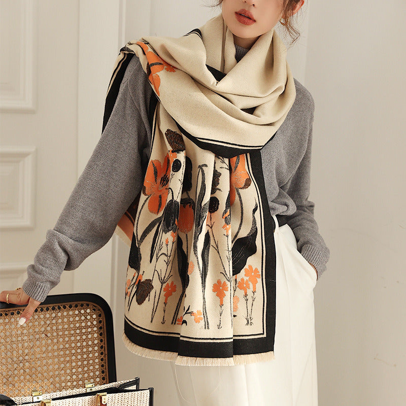 Fringe Print Imitation Cashmere Scarf 2022 Retro Thermal Shawl Mid-length Scarf